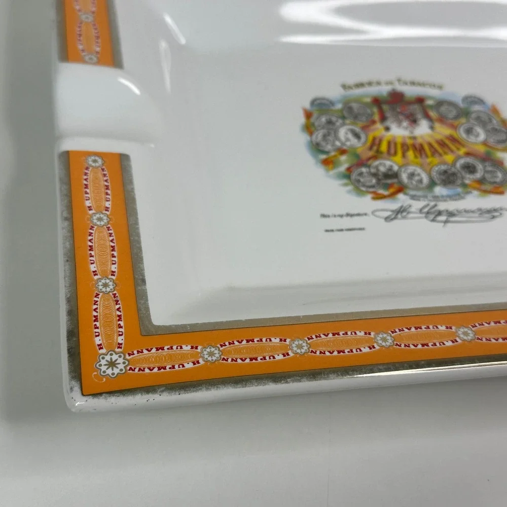 H Upmann Rectangular Porcelain Ashtray Orange Border Fabrica De Tabacos Logo